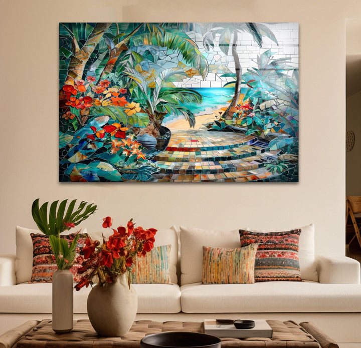 Tropical Summer Mosaic Glass Wall Art custom glass photo prints, large glass prints