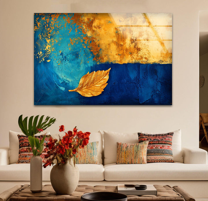 Blue Background With Gold Leaves Glass Wall Art