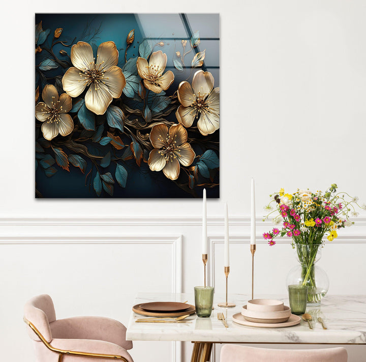 Beige & Blue Botanical Glass Wall Art Glass Printing Wall Art, Print photos on glass
