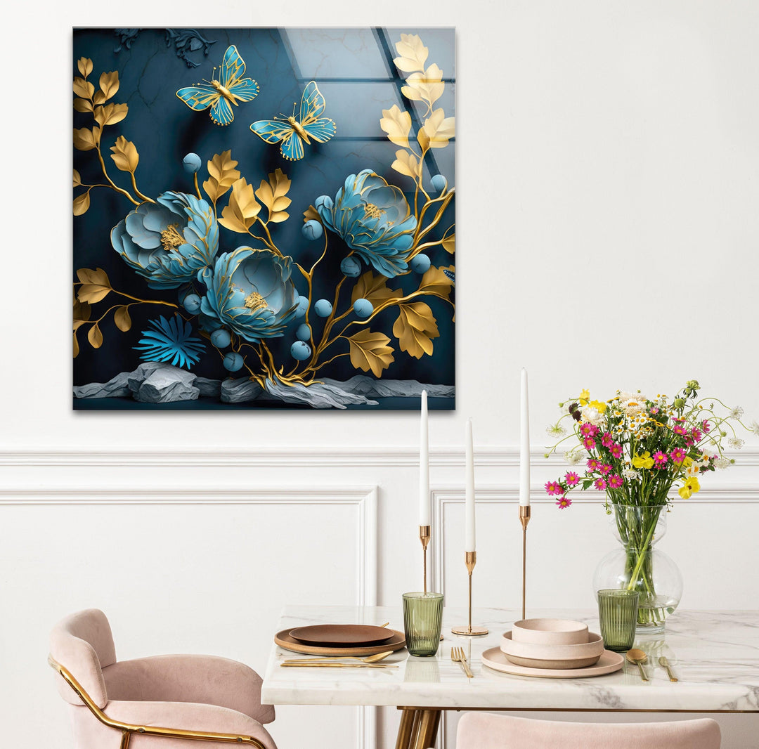 Yellow & Blue Flower 3D Glass Wall Art custom glass pictures, glass art prints
