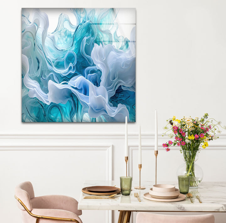 White and Blue Abstract Glass Wall Art photo print on glass, prints on glass wall art
