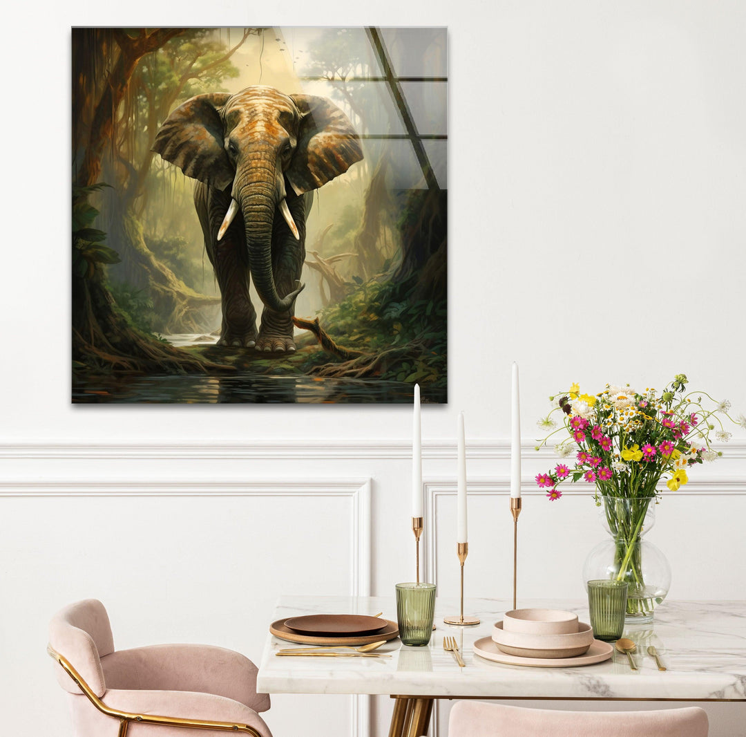 Elephant in Forest Glass Wall Art custom glass photo prints, large glass prints
