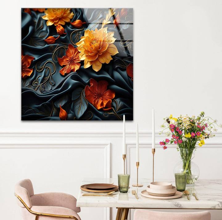 Botanical Orange & Black Flower Glass Wall Art glass wall decor, glass wall art decor
