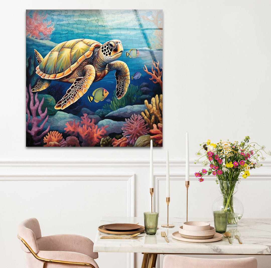 Sea Turtle Puzzle Glass Wall Art custom glass photo prints, large glass prints
