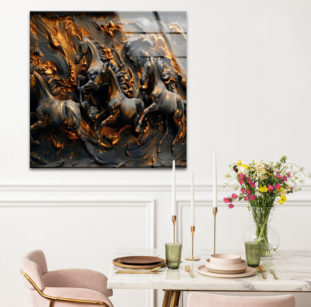 Bronze Black Horses Glass Wall Art picture on glass wall art, photos printed on glass
