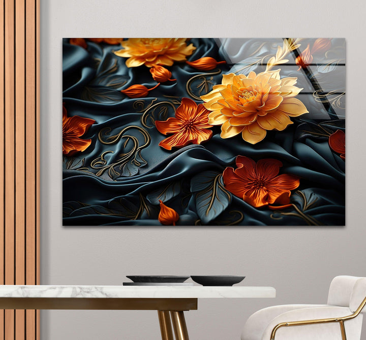 Botanical Orange & Black Flower Glass Wall Art print picture on glass, Tempered Glass Wall Art
