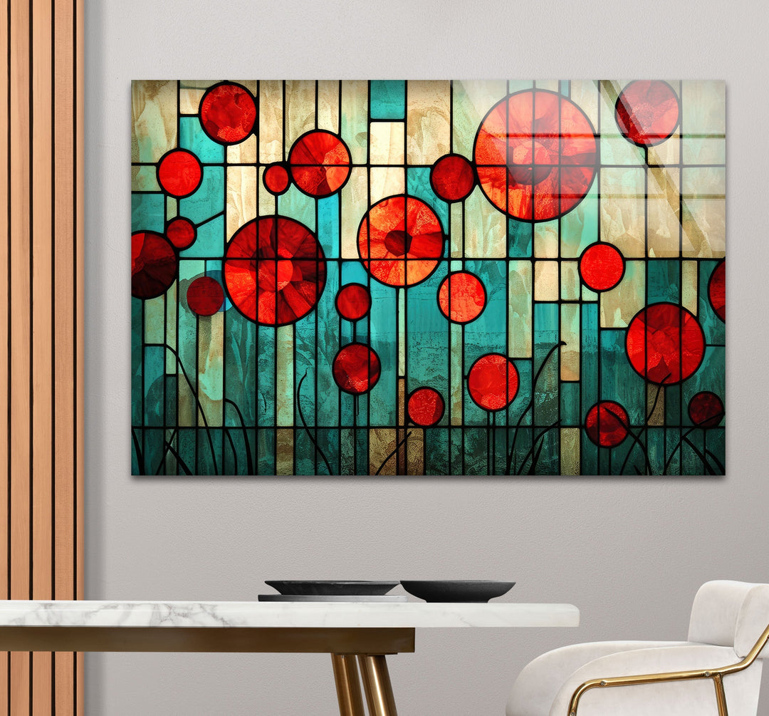 Stained Red Circles Glass Wall Art photo print on glass, prints on glass wall art
