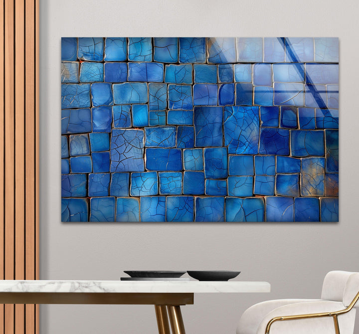 Blue Mosaic Cracked Stones Glass Wall Art glass art painting, glass art for the Wall
