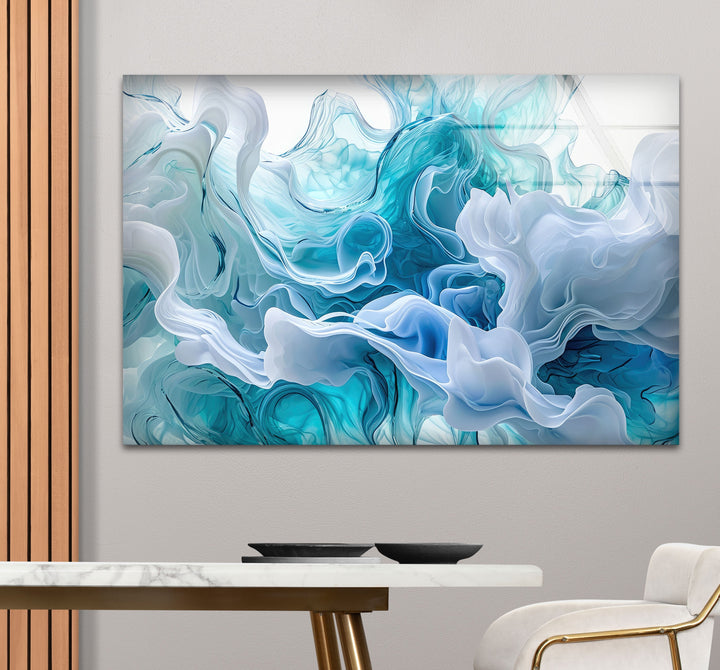 White and Blue Abstract Glass Wall Art custom glass pictures, glass art prints
