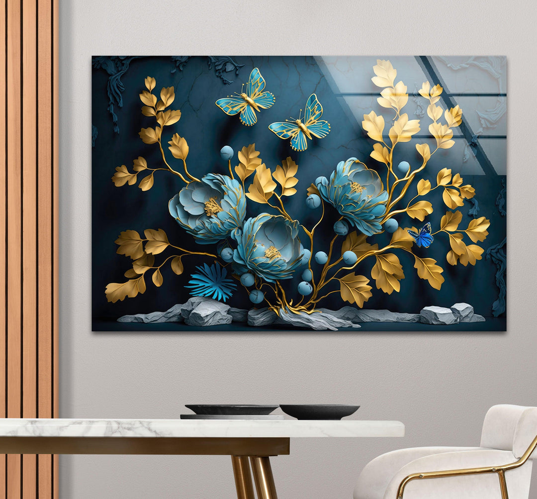 Yellow & Blue Flower 3D Glass Wall Art glass pictures for Wall, glass prints wall art
