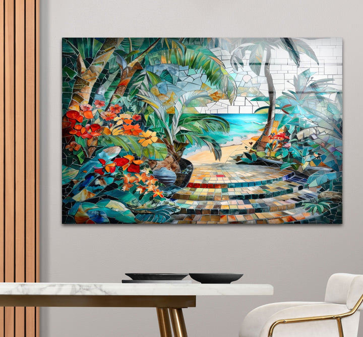 Tropical Summer Mosaic Glass Wall Art photo print on glass, prints on glass wall art