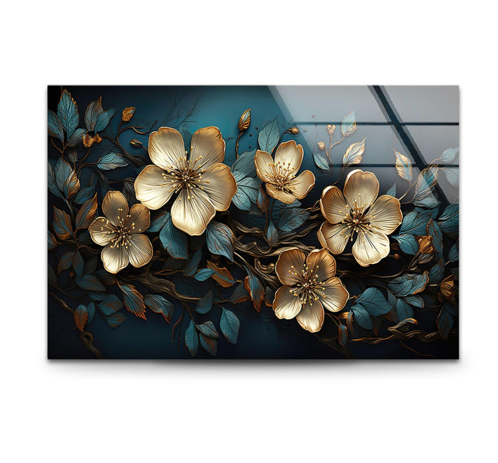 Beige & Blue Botanical Glass Wall Art glass art painting, glass art for the Wall
