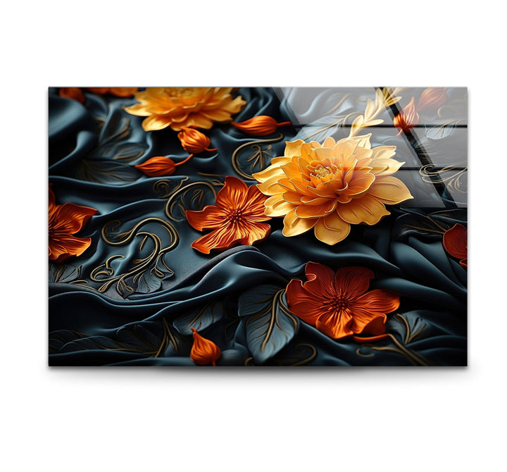 Botanical Orange & Black Flower Glass Wall Art print on glass, glass printed photos
