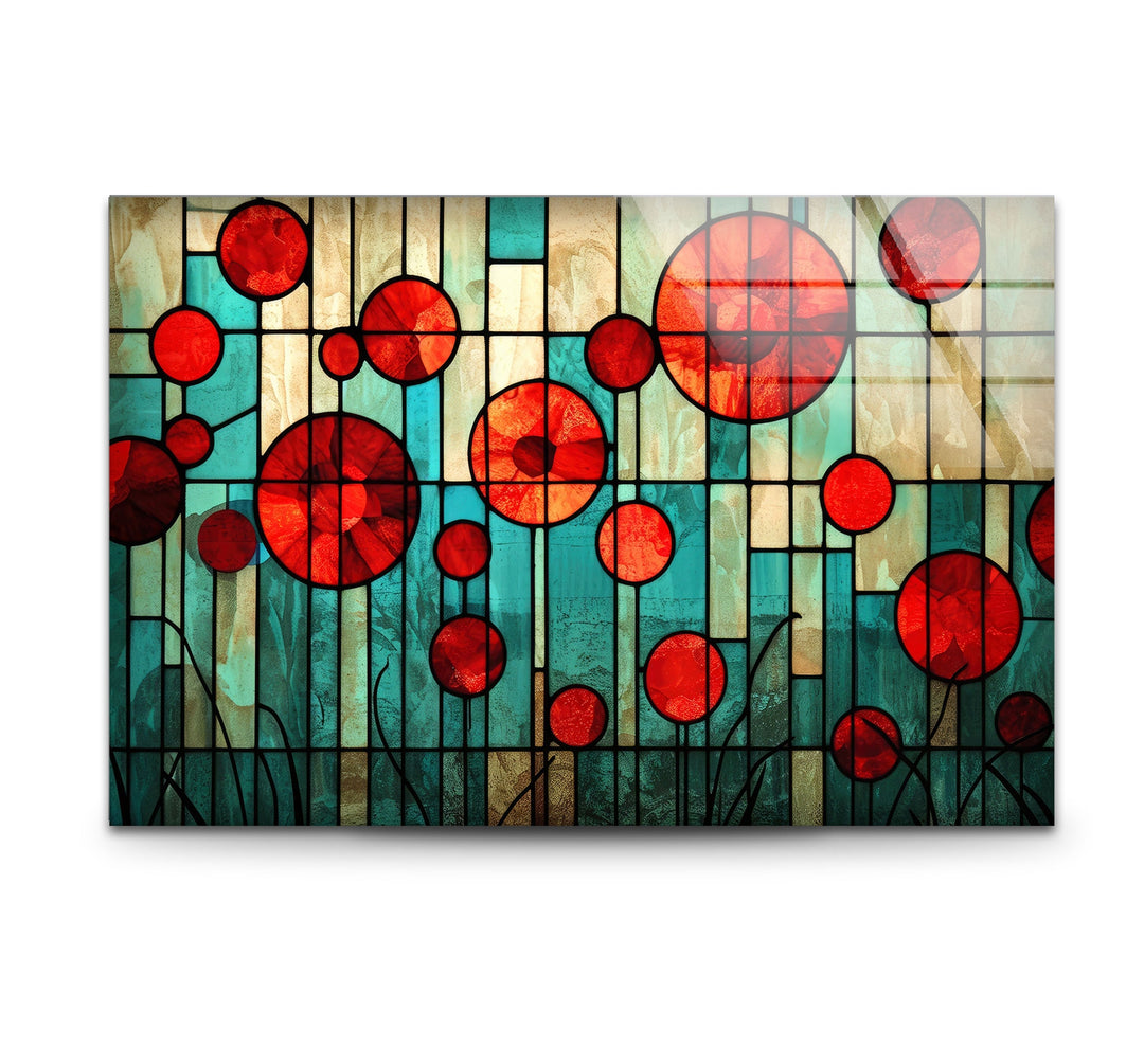 Stained Red Circles Glass Wall Art custom glass pictures, glass art prints
