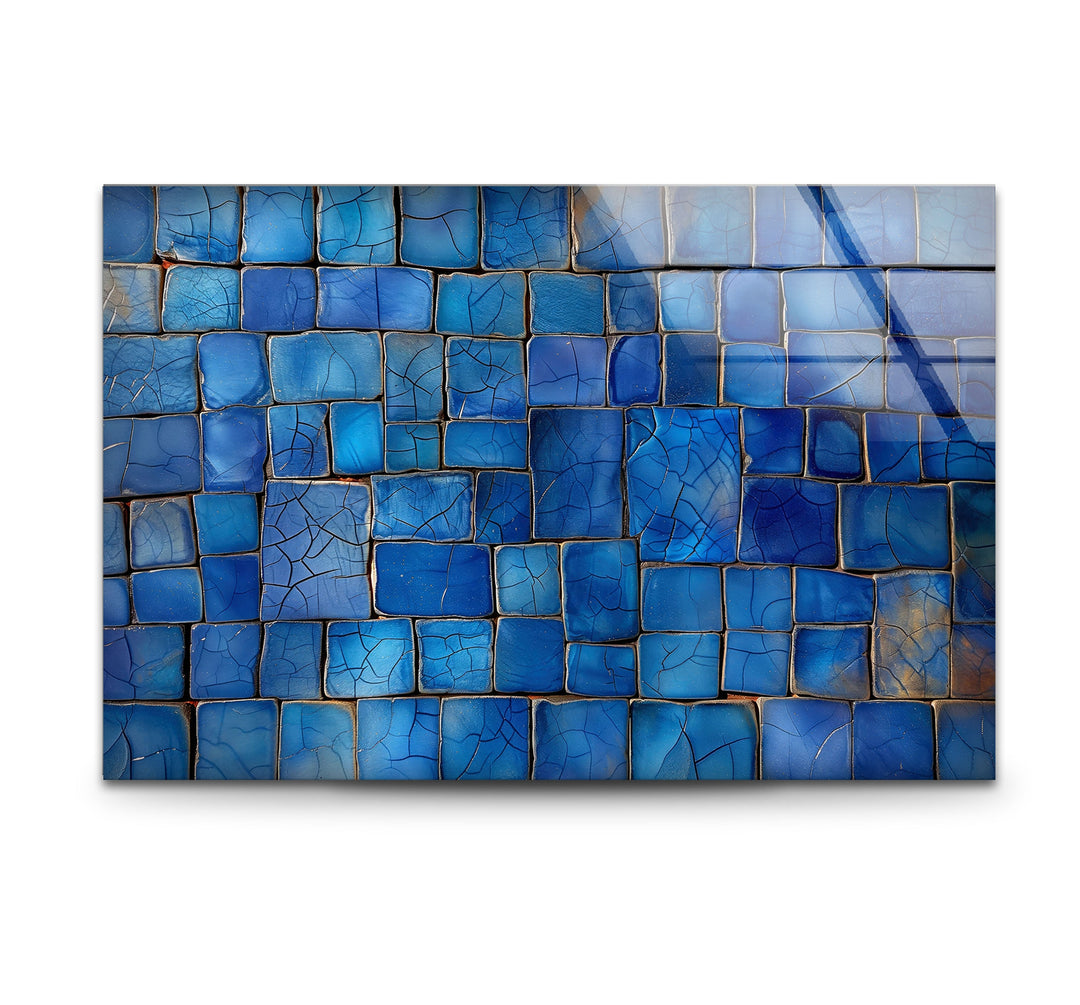 Blue Mosaic Cracked Stones Glass Wall Art glass art painting, glass art for the Wall
