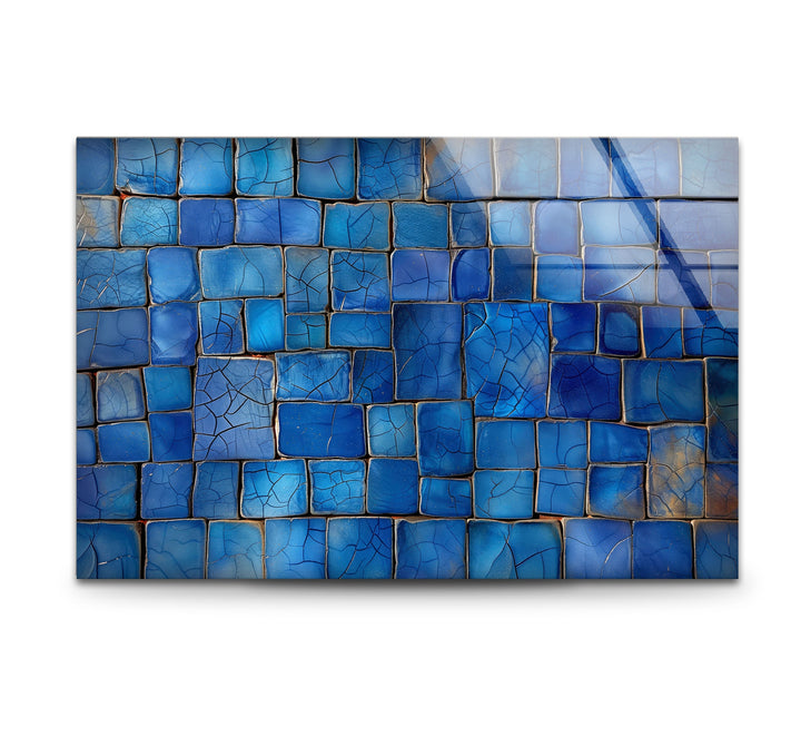 Blue Mosaic Cracked Stones Glass Wall Art glass art painting, glass art for the Wall
