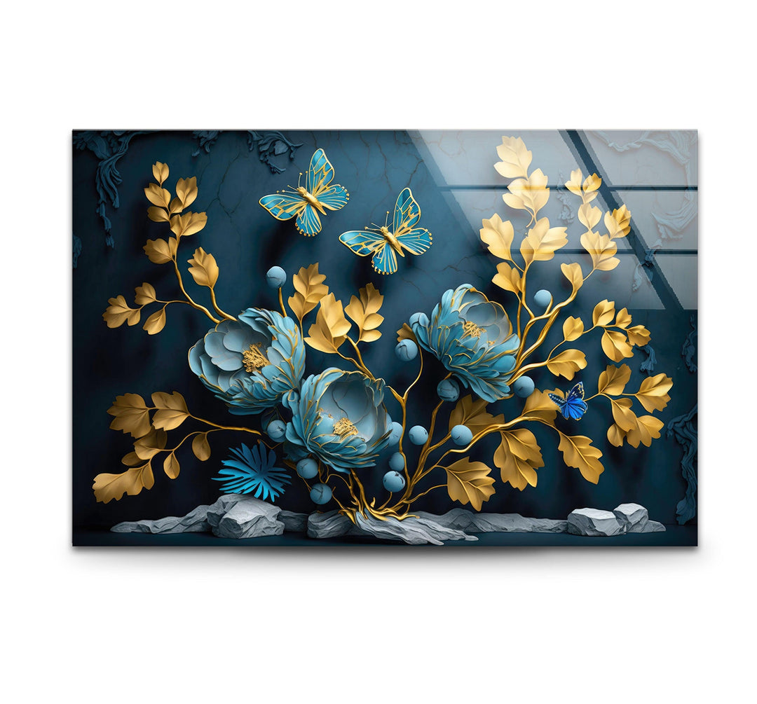 Yellow & Blue Flower 3D Glass Wall Art glass image printing, glass prints from photos
