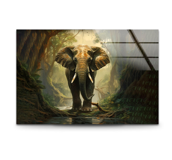 Elephant in Forest Glass Wall Art photo print on glass, prints on glass wall art
