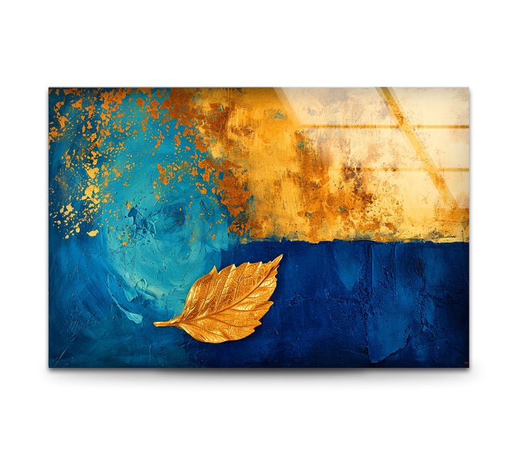 Blue Background With Gold Leaves Glass Wall Art