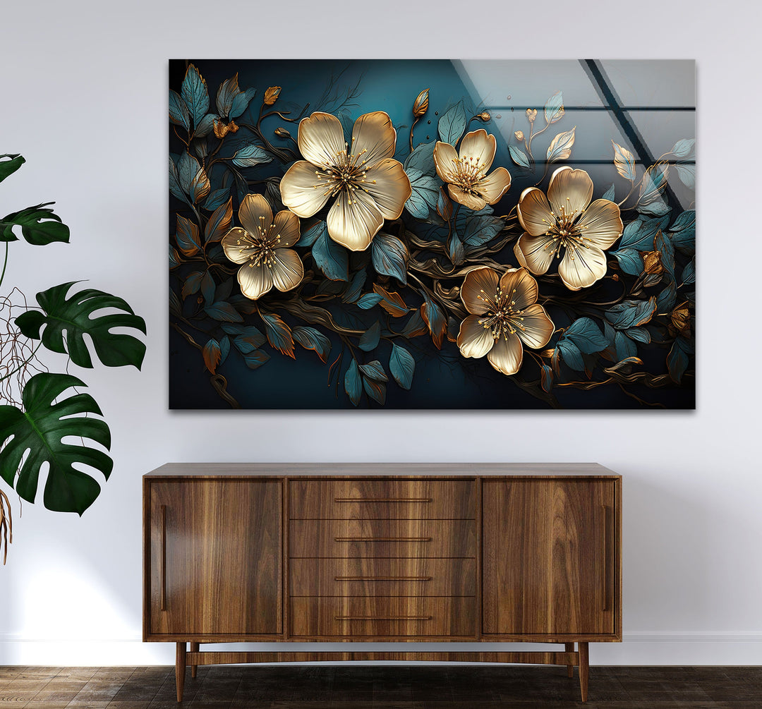 Beige & Blue Botanical Glass Wall Art custom glass photo prints, large glass prints
