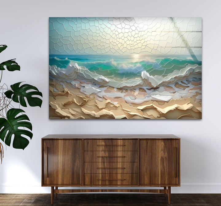 Stained Ocean Sunset Cracked Art Glass Wall Art glass photo prints, glass picture prints
