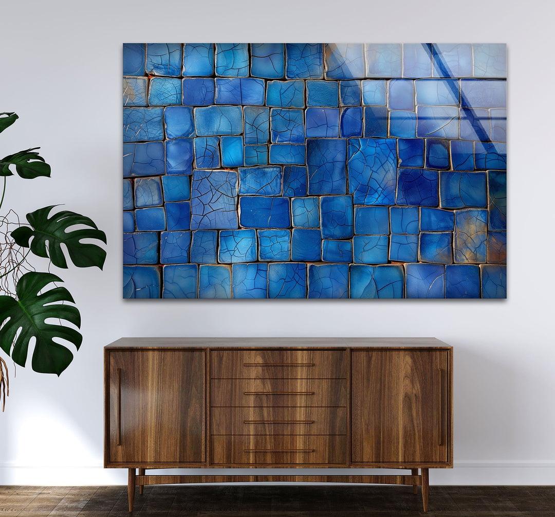 Blue Mosaic Cracked Stones Glass Wall Art glass photo prints, glass picture prints
