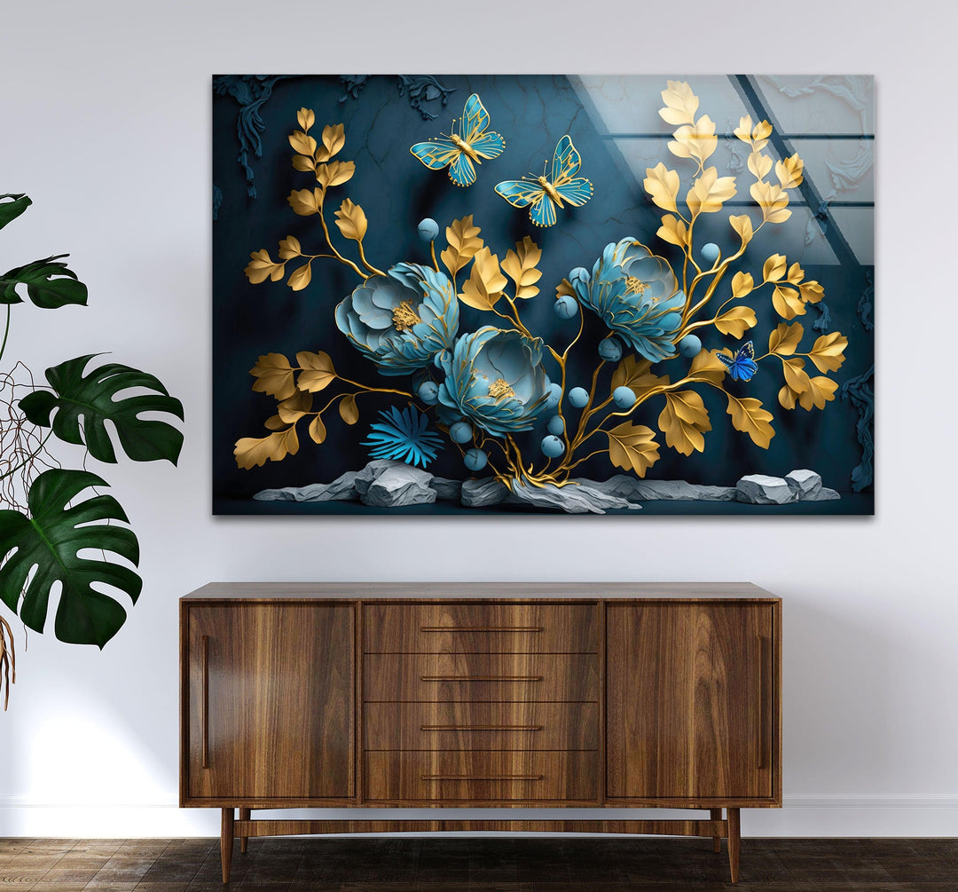 Yellow & Blue Flower 3D Glass Wall Art art glass wall art, glass wall art pictures
