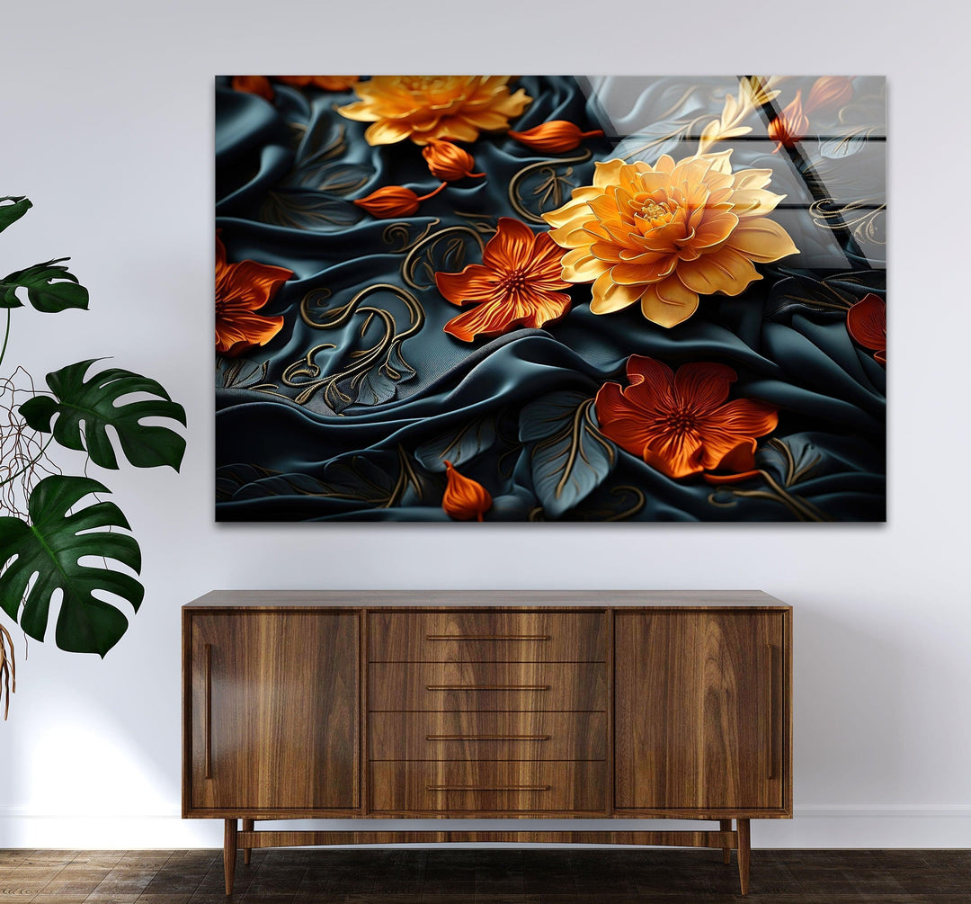 Botanical Orange & Black Flower Glass Wall Art large glass photo prints, glass wall photos
