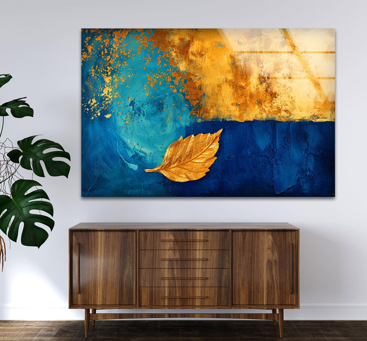 Blue Background With Gold Leaves Glass Wall Art