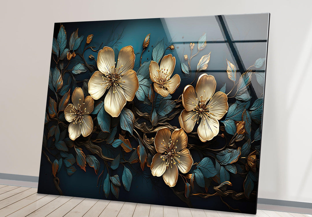 Beige & Blue Botanical Glass Wall Art large glass photo prints, glass wall photos
