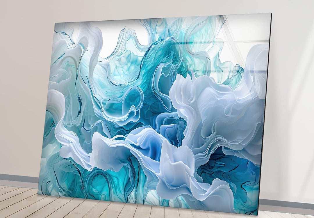 White and Blue Abstract Glass Wall Art glass art painting, glass art for the Wall
