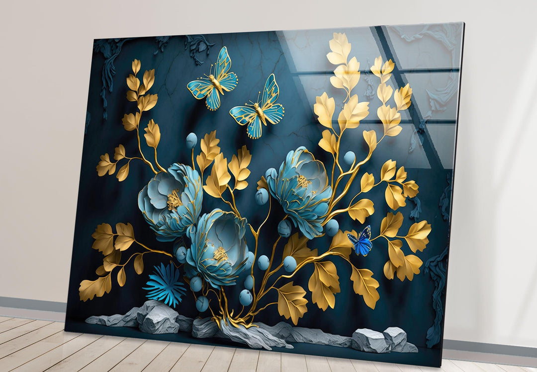 Yellow & Blue Flower 3D Glass Wall Art glass art painting, glass art for the Wall
