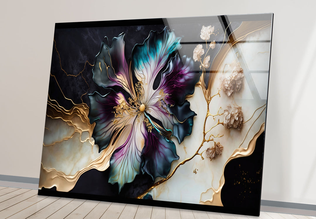 Marble Design Flower Glass Wall Art glass art painting, glass art for the Wall
