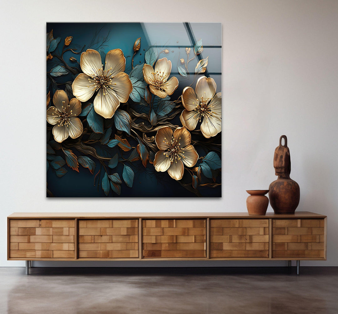 Beige & Blue Botanical Glass Wall Art picture on glass wall art, photos printed on glass
