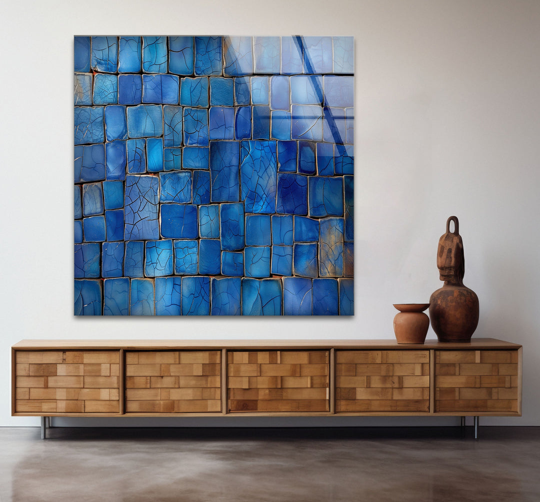 Blue Mosaic Cracked Stones Glass Wall Art glass pictures for Wall, glass prints wall art
