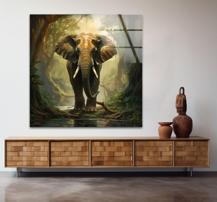 Elephant in Forest Glass Wall Art glass pictures for Wall, glass prints wall art
