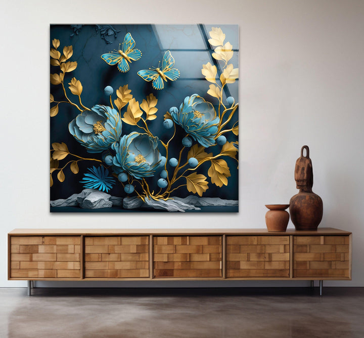 Yellow & Blue Flower 3D Glass Wall Art Glass Printing Wall Art, Print photos on glass
