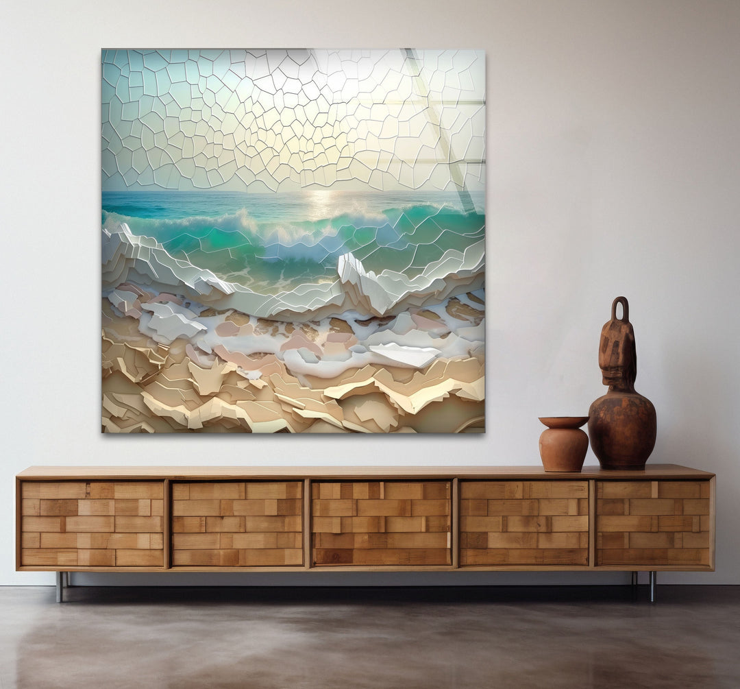 Stained Ocean Sunset Cracked Art Glass Wall Art glass image printing, glass prints from photos
