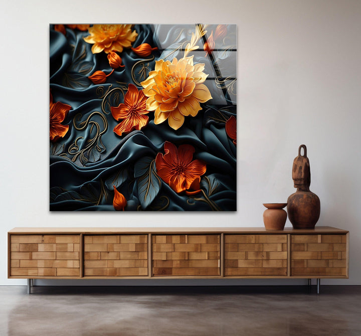 Botanical Orange & Black Flower Glass Wall Art custom glass photo prints, large glass prints
