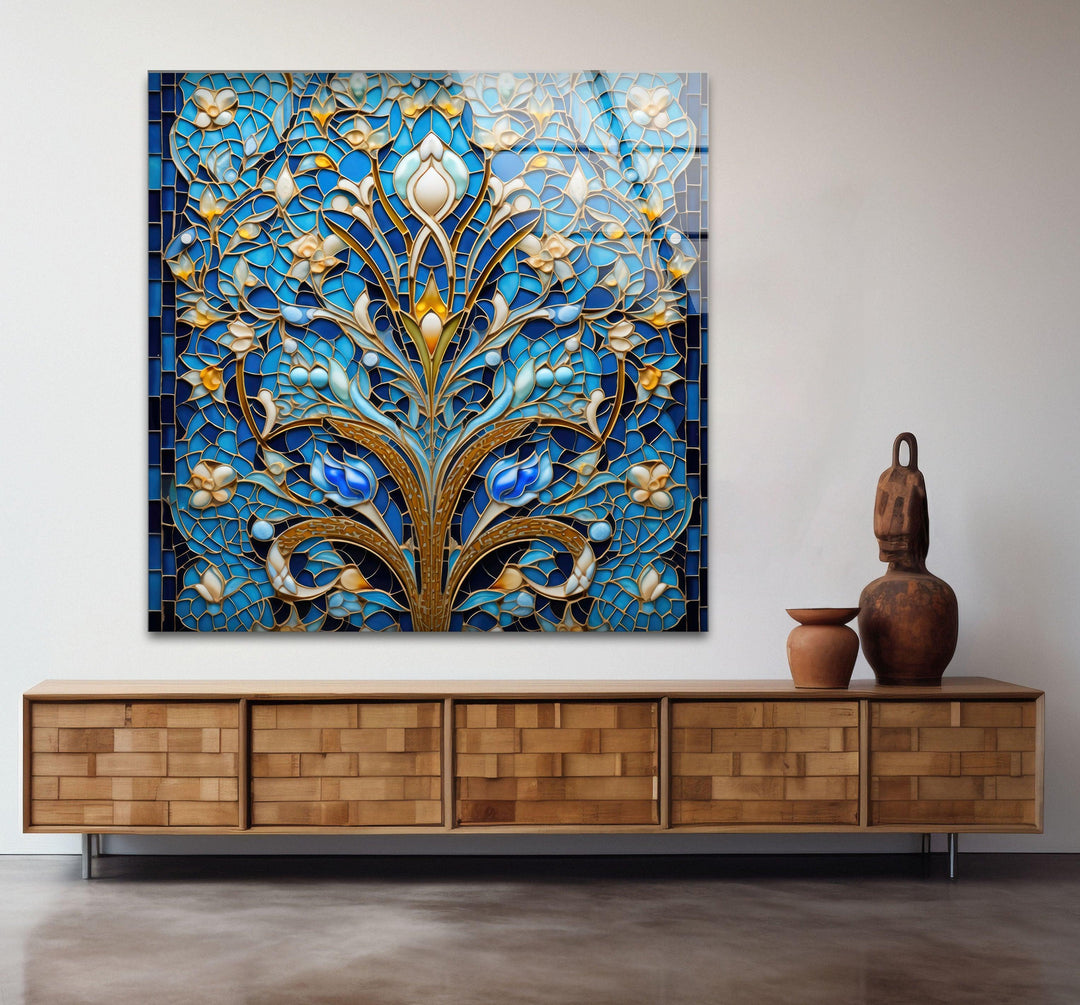 Blue Mosaic & Stained Design Glass Wall Art Glass Printing Wall Art, Print photos on glass
