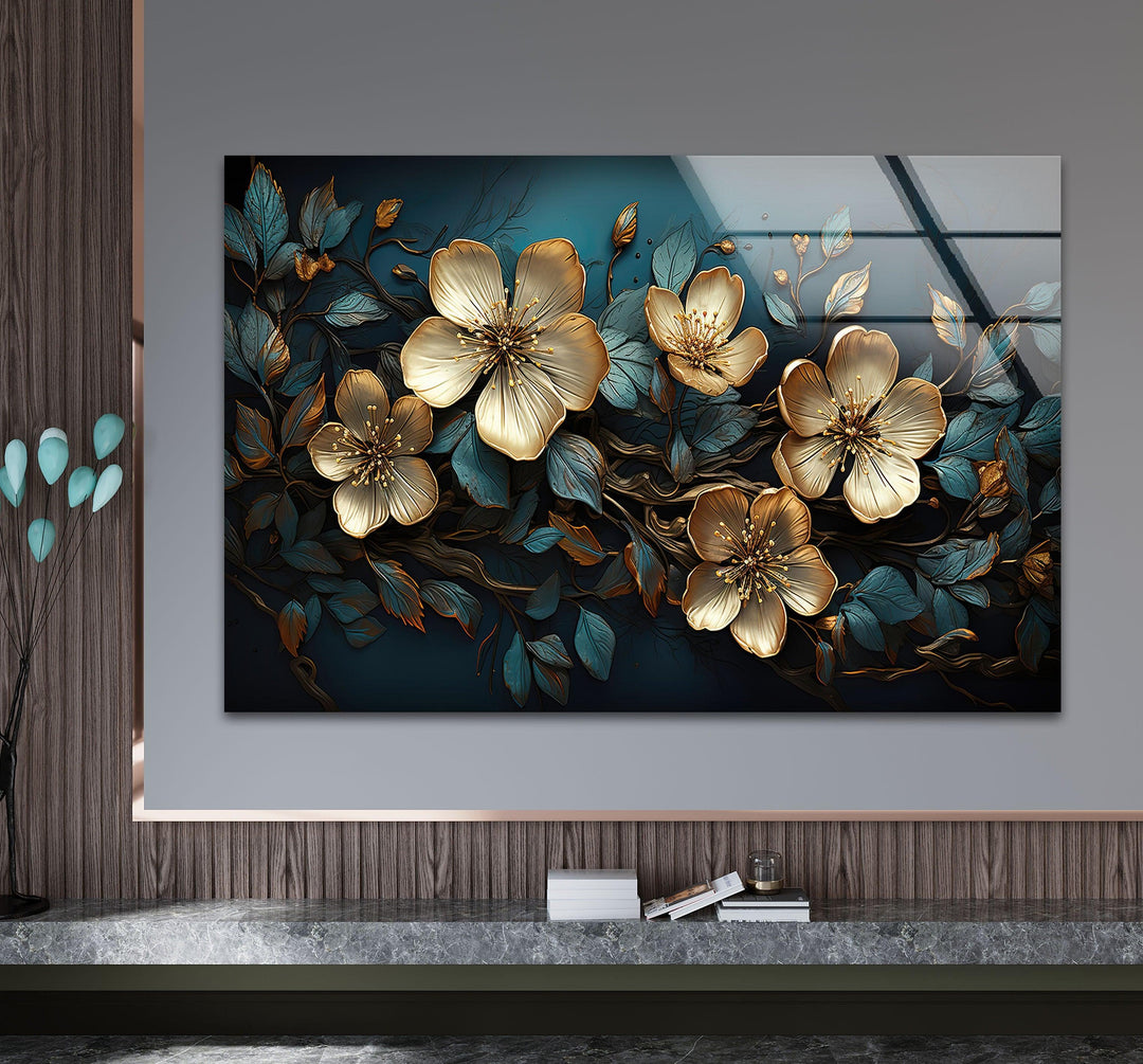 Beige & Blue Botanical Glass Wall Art stained glass wall art, stained glass wall decor
