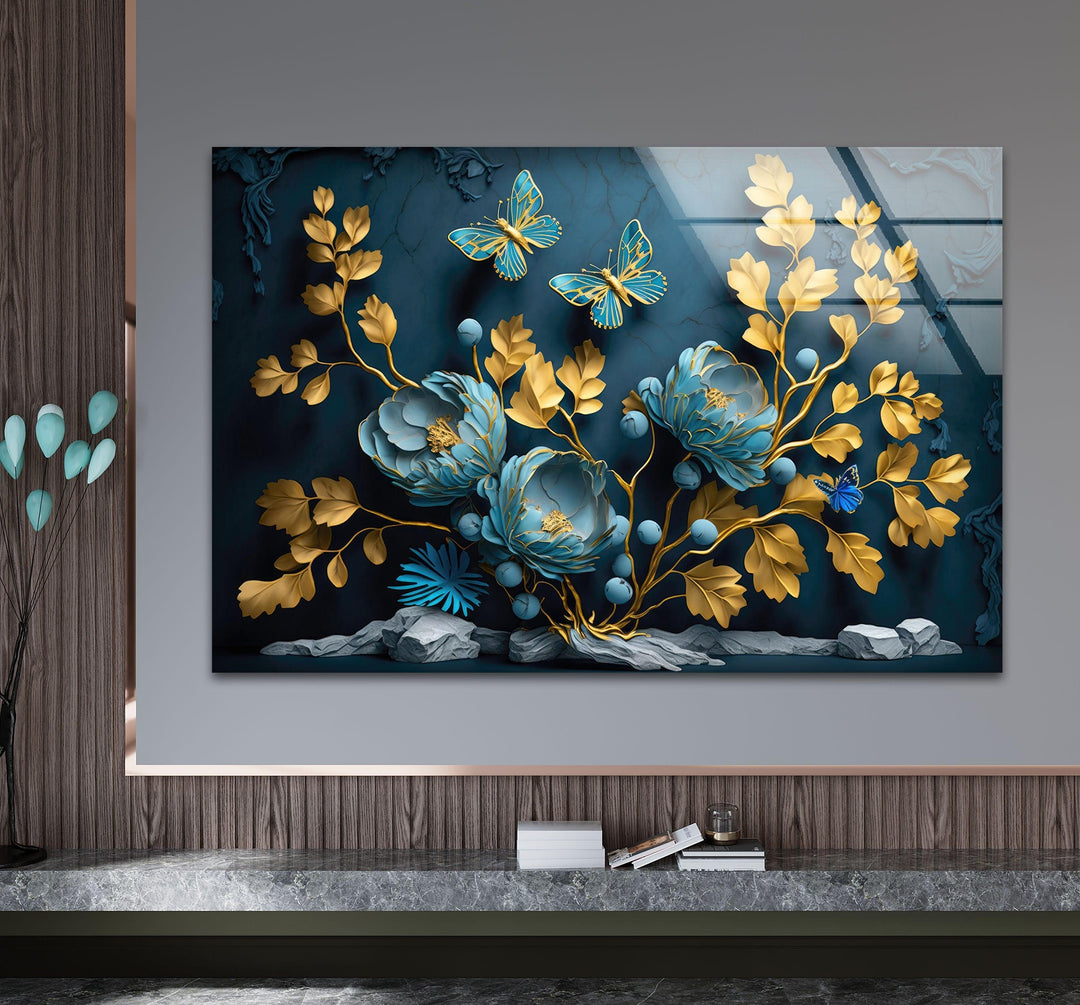 Yellow & Blue Flower 3D Glass Wall Art glass photo prints, glass picture prints
