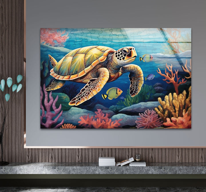 Sea Turtle Puzzle Glass Wall Art custom glass pictures, glass art prints
