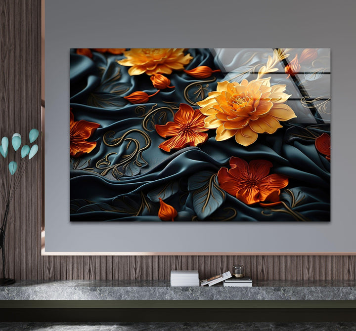 Botanical Orange & Black Flower Glass Wall Art picture on glass wall art, photos printed on glass
