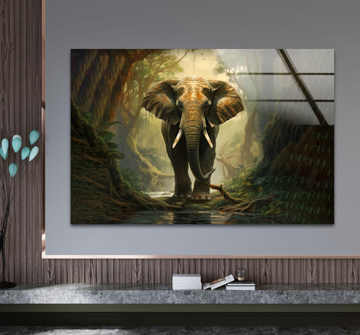 Elephant in Forest Glass Wall Art custom glass pictures, glass art prints
