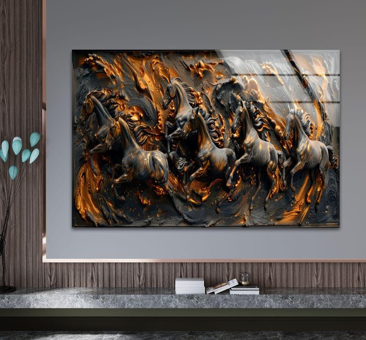 Bronze Black Horses Glass Wall Art custom glass pictures, glass art prints
