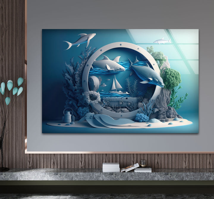 Sharks Glass Wall Art print picture on glass, Tempered Glass Wall Art
