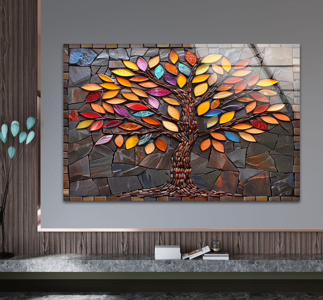 Colored Stained Tree Glass Wall Art print on glass, glass printed photos