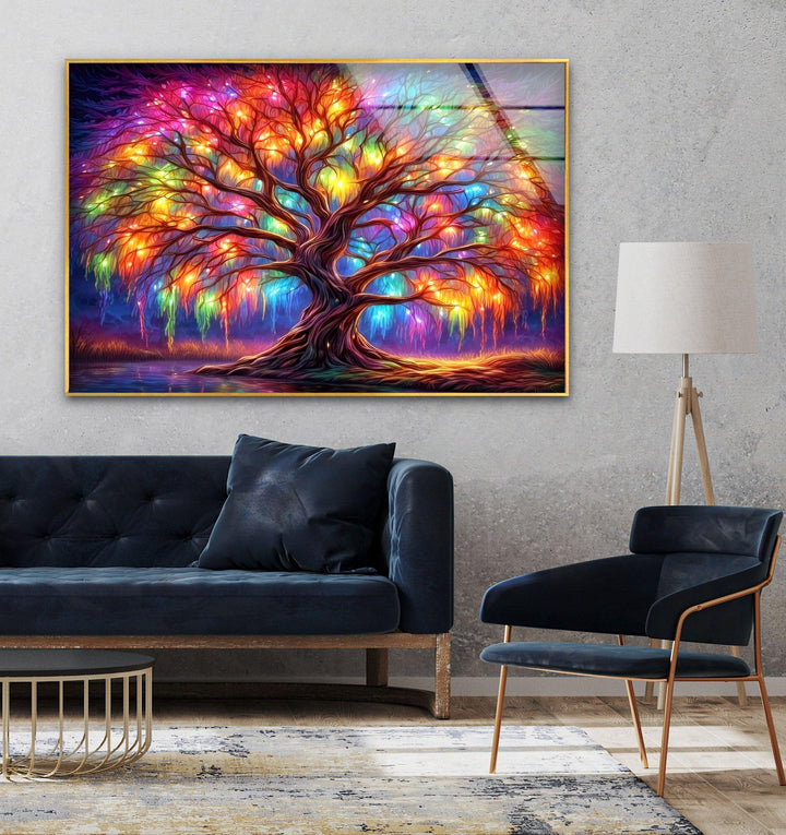 Colorful Life of Tree Glass Wall Art, Glass Printing Wall Art, Print photos on glass