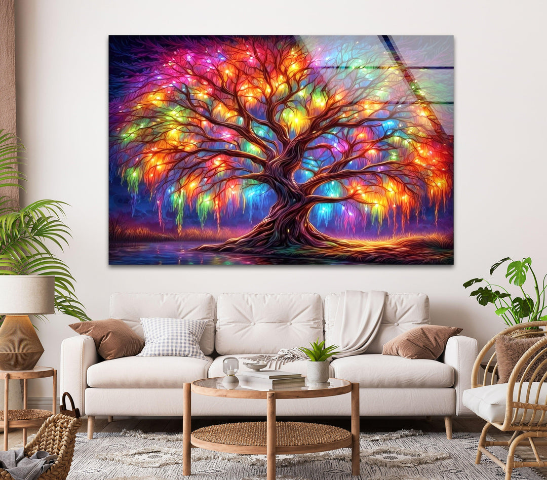 Colorful Life of Tree Glass Wall Art, picture on glass wall art, photos printed on glass